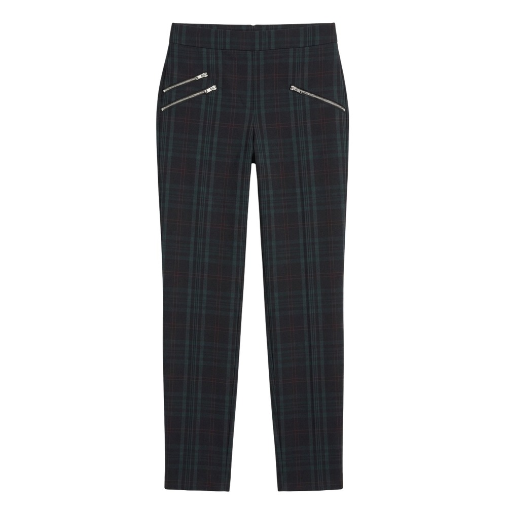 Zara Woman‎ Plaid Zip Pocket Skinny Trousers Navy Green Tartan XS